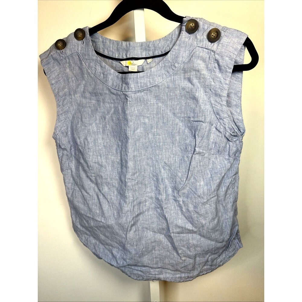Boden Women’s Top 100 % Linen Sleeveless Button shoulder Detail sz 6R Blue Beach